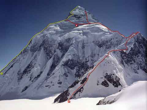 
K2 showing the entire northeast route from advanced base camp to the summit - 8000 Metri Di Vita 8000 Metres To Live For book
